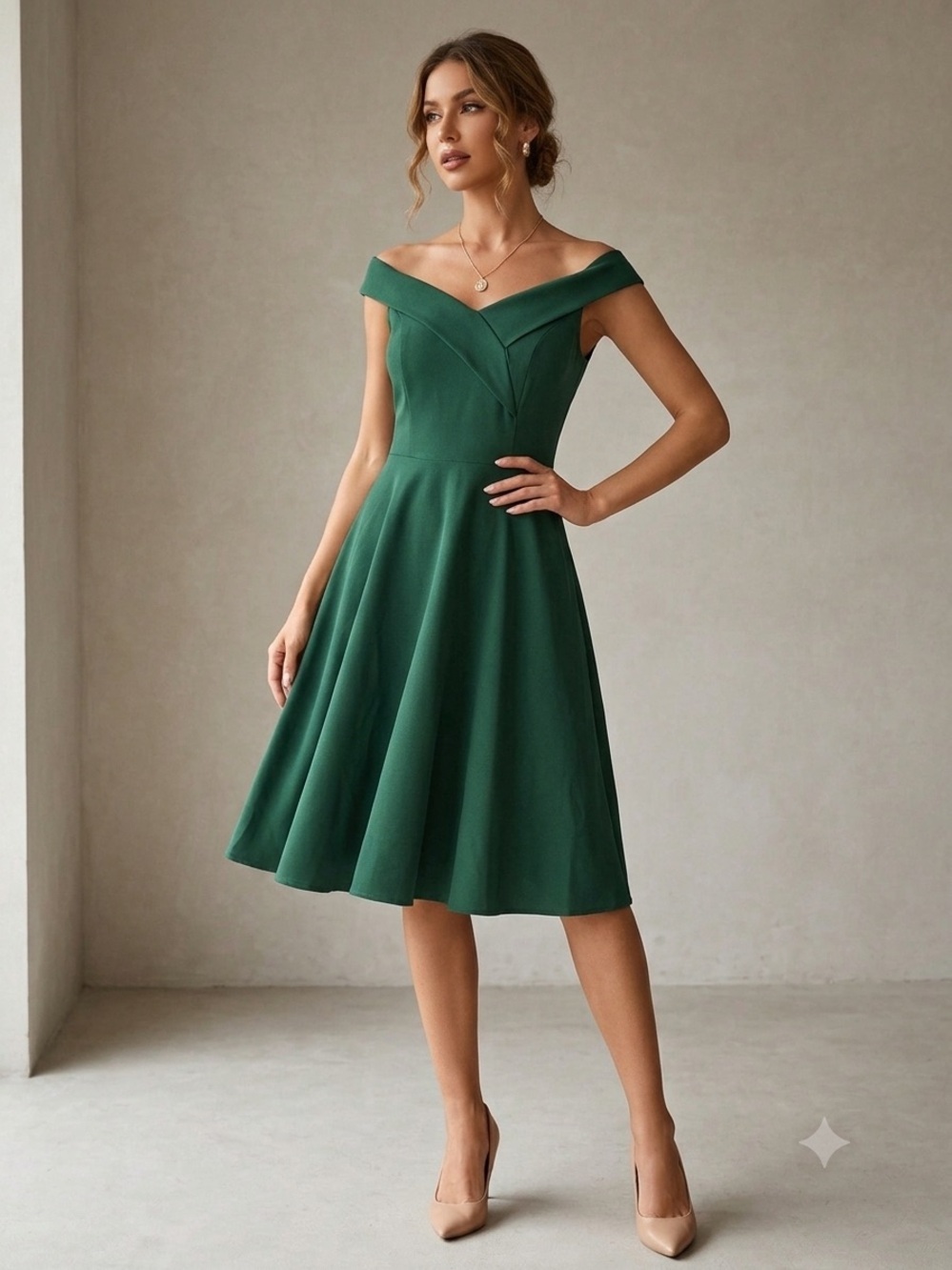 Off-Shoulder Fit-and-Flare Midi Dress in Forest Green